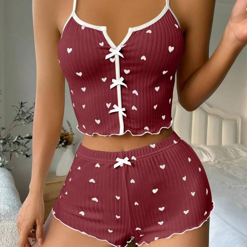 Women's Sexy Silk Stain Pajamas Set Heart Print V-Neck Sleeveless Cami Top And Shorts Casual Home Loungewear Summer Sleepwear