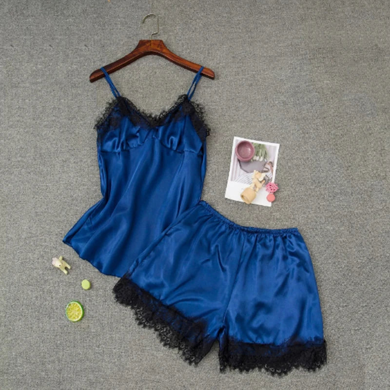 Women's Satin Pajama Set V-Neck Lace Babydoll Bowknot Sleepwear Sexy Lingerie Short Sleeveless Nightgown for Summer