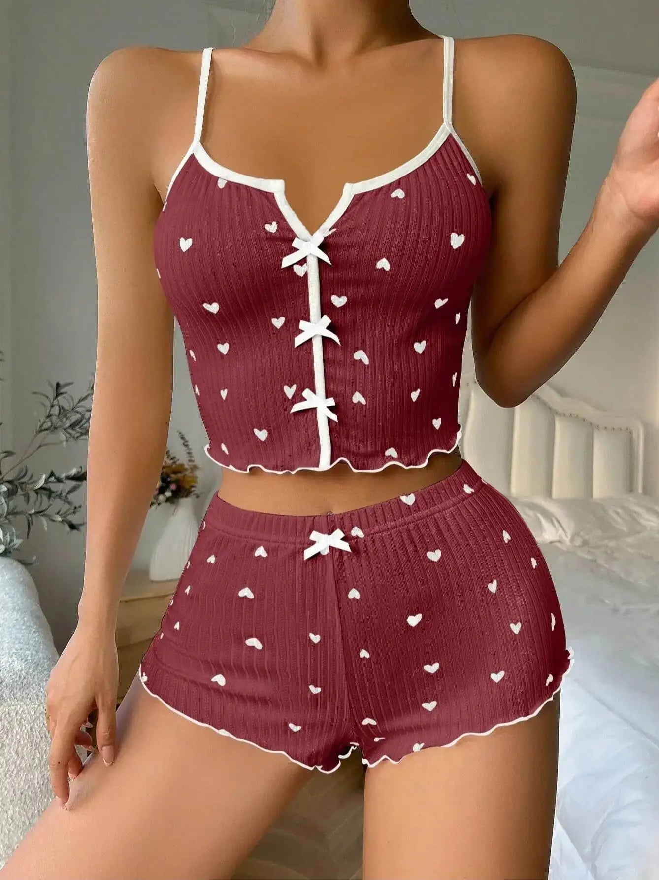 Women's Sexy Silk Stain Pajamas Set Heart Print V-Neck Sleeveless Cami Top And Shorts Casual Home Loungewear Summer Sleepwear