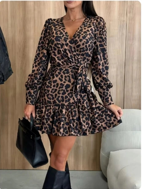Elegant women's long sleeved Leopard Printed Dress V-Neck Lace Up Bubble