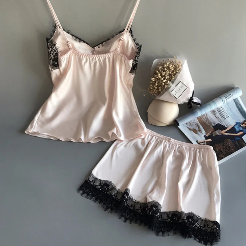 Women's Satin Pajama Set V-Neck Lace Babydoll Bowknot Sleepwear Sexy Lingerie Short Sleeveless Nightgown for Summer