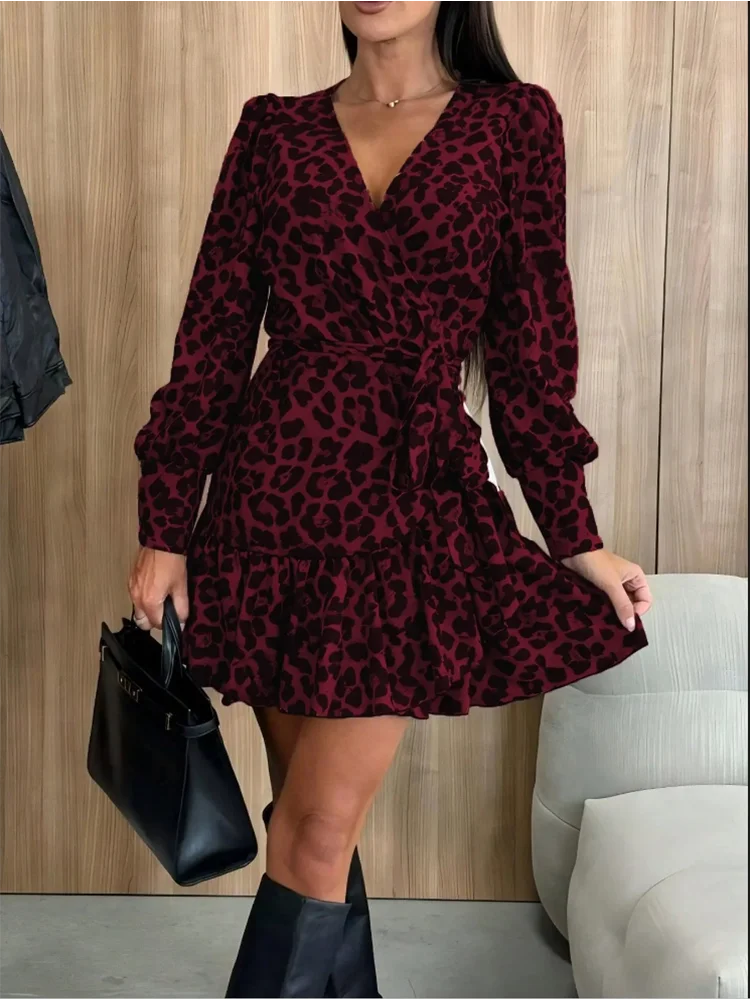 Elegant women's long sleeved Leopard Printed Dress V-Neck Lace Up Bubble
