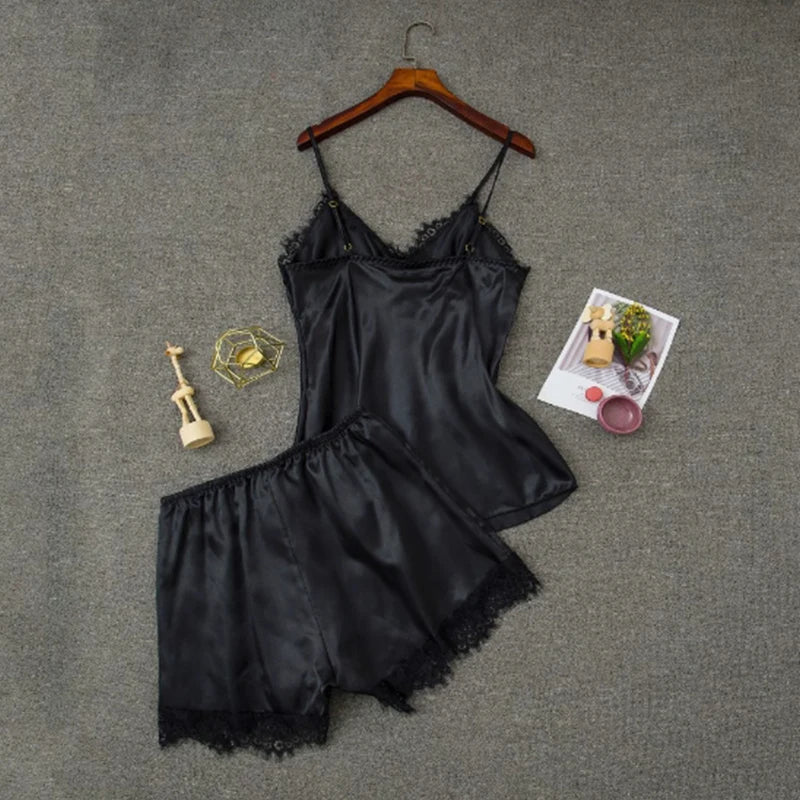 Women's Satin Pajama Set V-Neck Lace Babydoll Bowknot Sleepwear Sexy Lingerie Short Sleeveless Nightgown for Summer