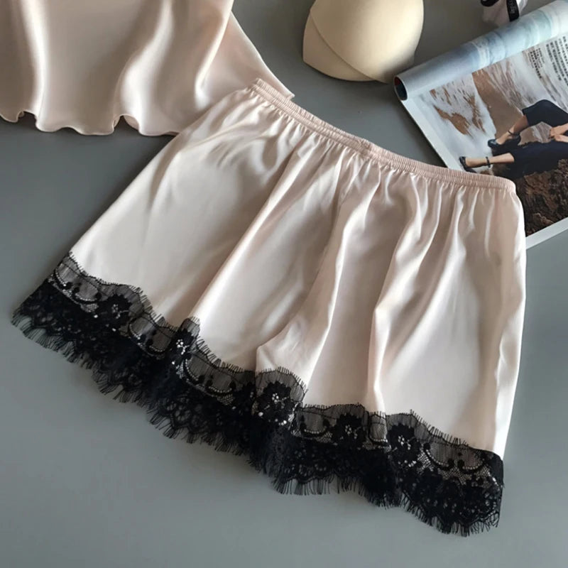 Women's Satin Pajama Set V-Neck Lace Babydoll Bowknot Sleepwear Sexy Lingerie Short Sleeveless Nightgown for Summer