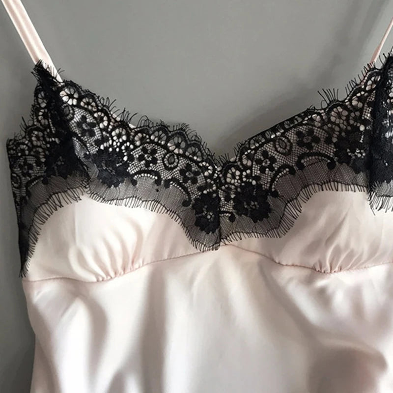Women's Satin Pajama Set V-Neck Lace Babydoll Bowknot Sleepwear Sexy Lingerie Short Sleeveless Nightgown for Summer