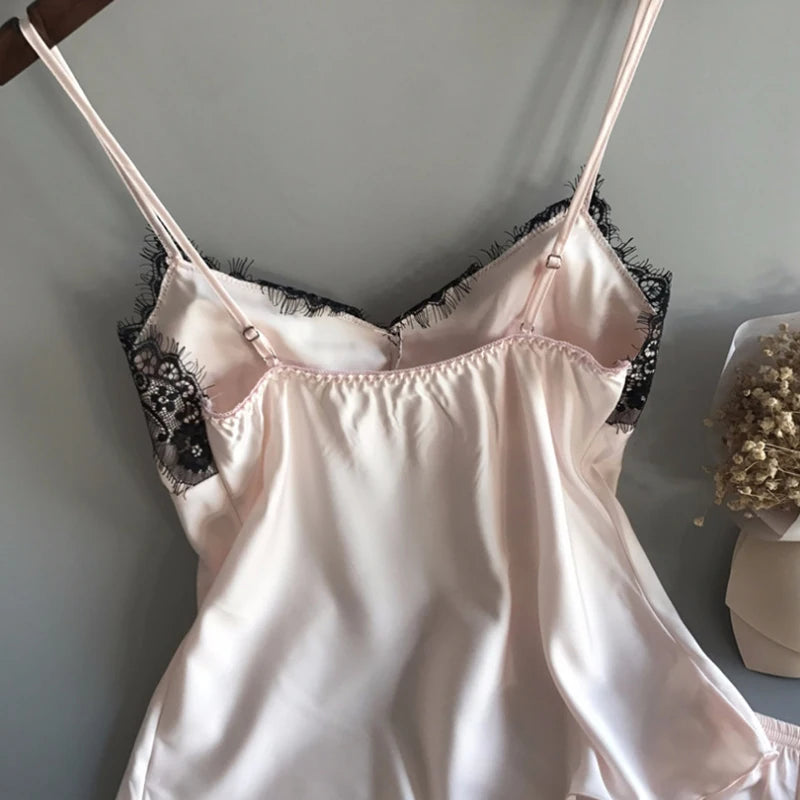 Women's Satin Pajama Set V-Neck Lace Babydoll Bowknot Sleepwear Sexy Lingerie Short Sleeveless Nightgown for Summer
