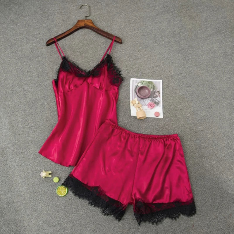 Women's Satin Pajama Set V-Neck Lace Babydoll Bowknot Sleepwear Sexy Lingerie Short Sleeveless Nightgown for Summer