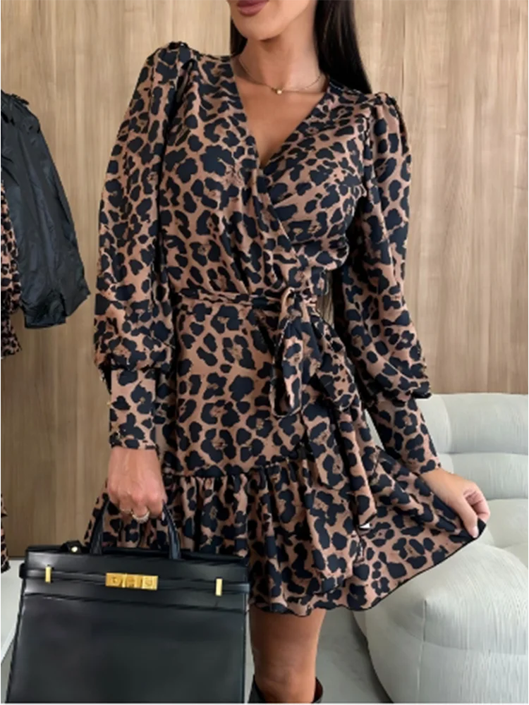 Elegant women's long sleeved Leopard Printed Dress V-Neck Lace Up Bubble