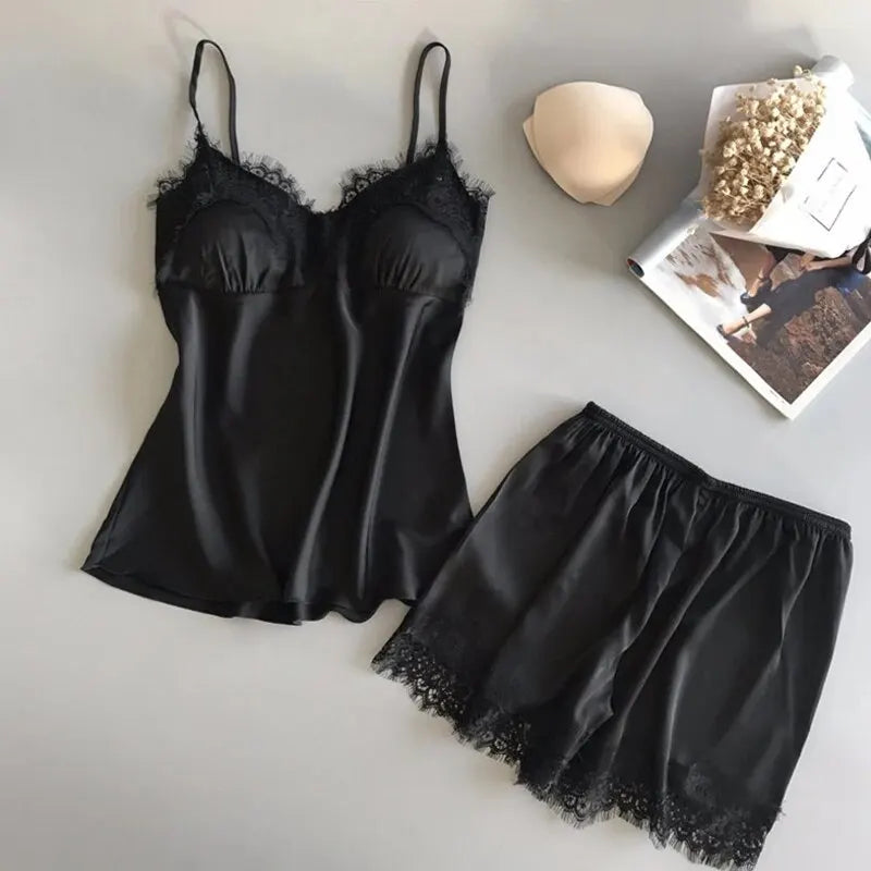 Women's Satin Pajama Set V-Neck Lace Babydoll Short Sleeve Sleepwear with Bowknot Detail Fashionable And Sexy Lingerie for Summer