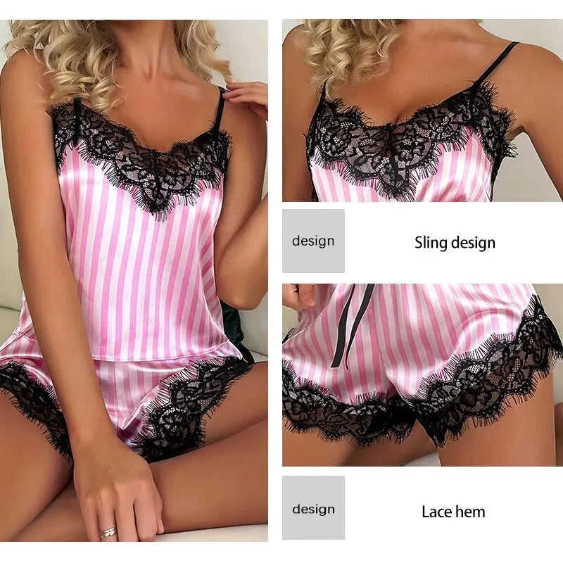Women's V-Neck Lace Suspender Two-Piece Pajama Set Sleeveless Sexy Shorts Nightgown Polyester Elastane Casual Summer Pajamas