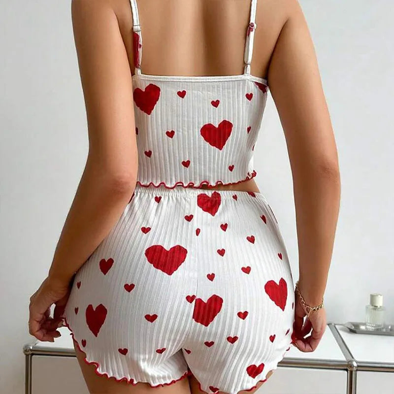 Women's White Pajamas Set 2 PCS Short Sleeve Tank Top & Shorts Soft Polyester Spandex Blend Casual Love Print Sleepwear