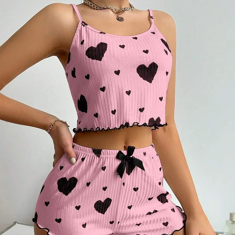 Women's White Pajamas Set 2 PCS Short Sleeve Tank Top & Shorts Soft Polyester Spandex Blend Casual Love Print Sleepwear