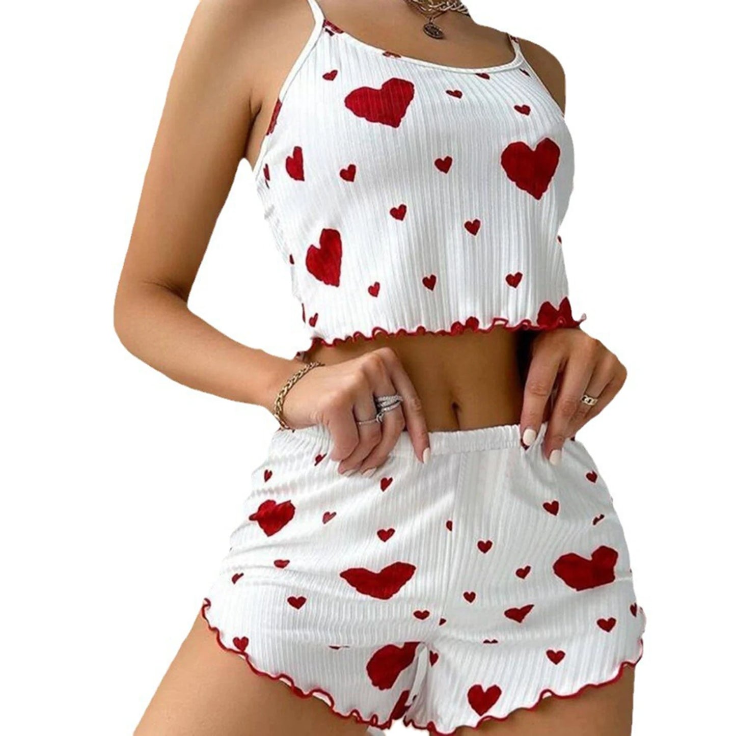 Women's White Pajamas Set 2 PCS Short Sleeve Tank Top & Shorts Soft Polyester Spandex Blend Casual Love Print Sleepwear