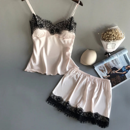 Women's Satin Pajama Set V-Neck Lace Babydoll Bowknot Sleepwear Sexy Lingerie Short Sleeveless Nightgown for Summer
