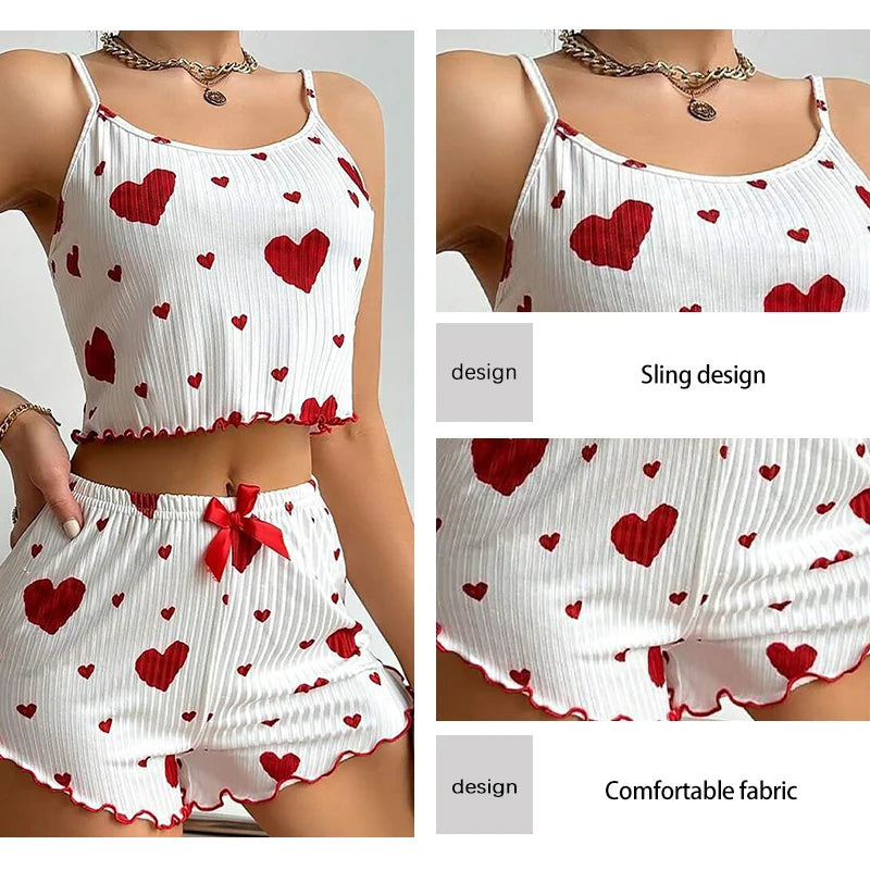 Women's White Pajamas Set 2 PCS Short Sleeve Tank Top & Shorts Soft Polyester Spandex Blend Casual Love Print Sleepwear