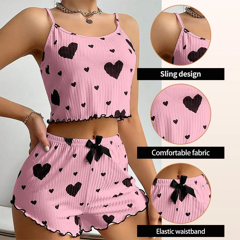 Women's White Pajamas Set 2 PCS Short Sleeve Tank Top & Shorts Soft Polyester Spandex Blend Casual Love Print Sleepwear