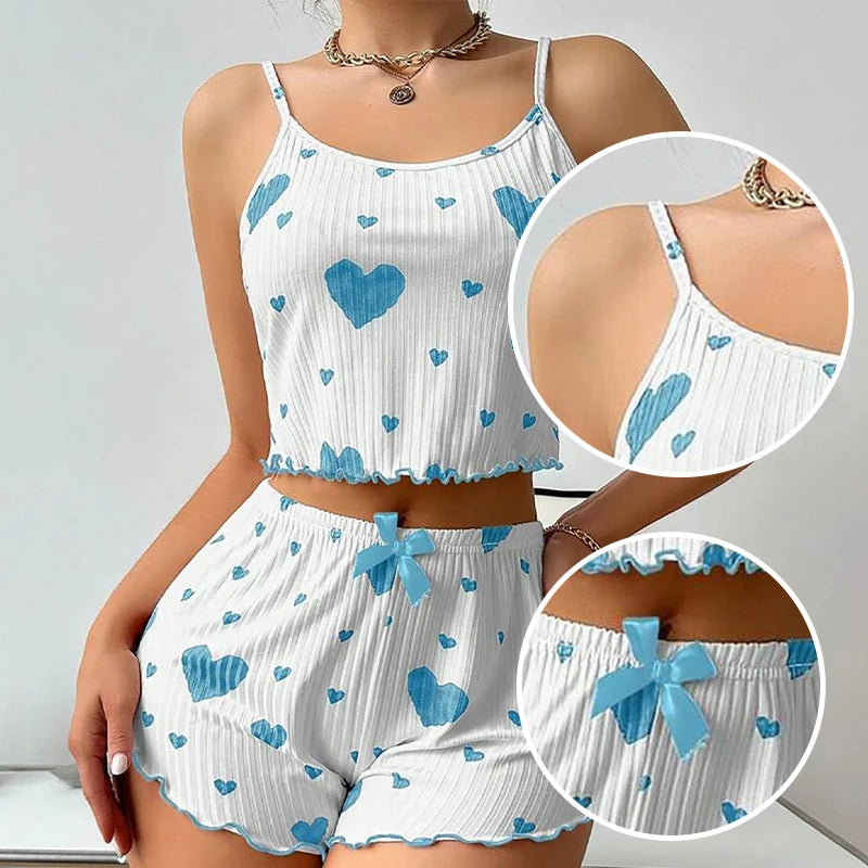 Women's White Pajamas Set 2 PCS Short Sleeve Tank Top & Shorts Soft Polyester Spandex Blend Casual Love Print Sleepwear