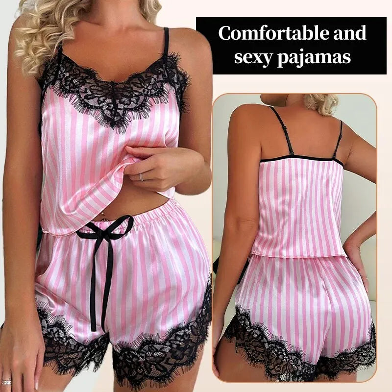 Women's V-Neck Lace Suspender Two-Piece Pajama Set Sleeveless Sexy Shorts Nightgown Polyester Elastane Casual Summer Pajamas