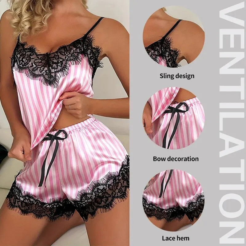 Women's V-Neck Lace Suspender Two-Piece Pajama Set Sleeveless Sexy Shorts Nightgown Polyester Elastane Casual Summer Pajamas