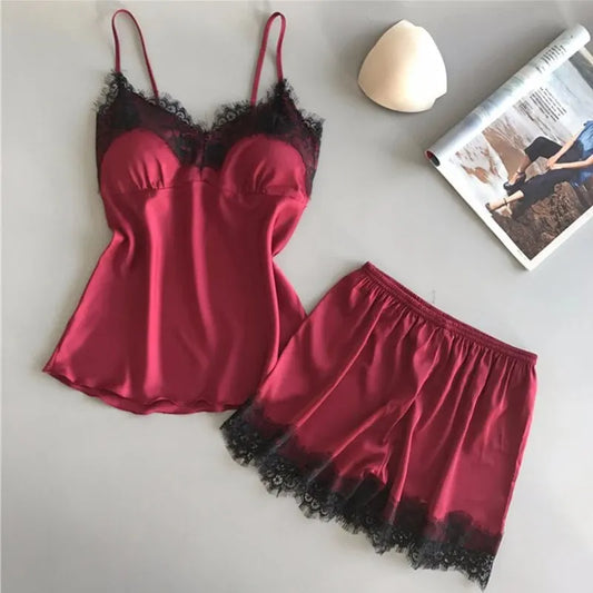 Women's Satin Pajama Set V-Neck Lace Babydoll Short Sleeve Sleepwear with Bowknot Detail Fashionable And Sexy Lingerie for Summer