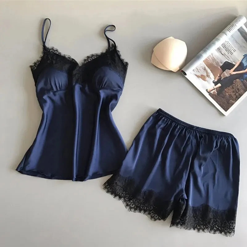 Women's Satin Pajama Set V-Neck Lace Babydoll Short Sleeve Sleepwear with Bowknot Detail Fashionable And Sexy Lingerie for Summer