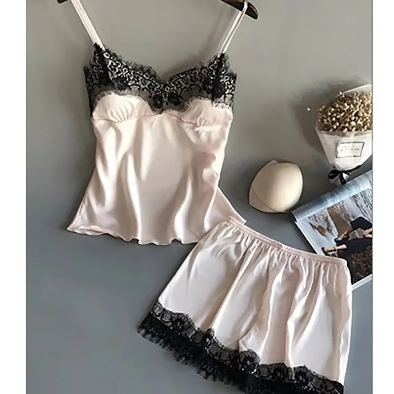 Women's Satin Pajama Set V-Neck Lace Babydoll Short Sleeve Sleepwear with Bowknot Detail Fashionable And Sexy Lingerie for Summer