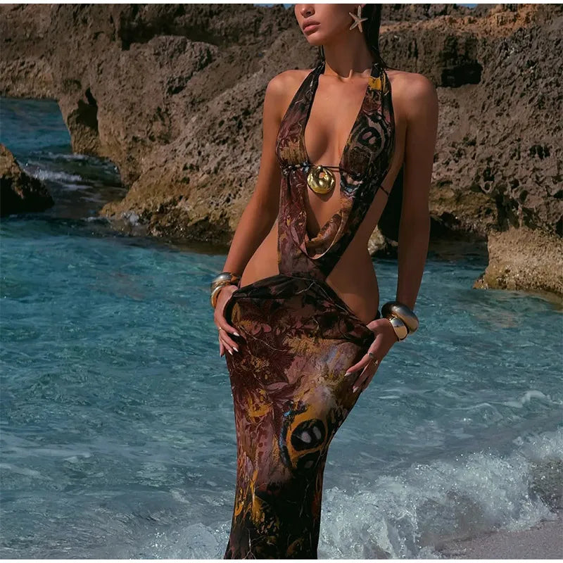 lace up women's printed hollow out long robe slim maxi dress