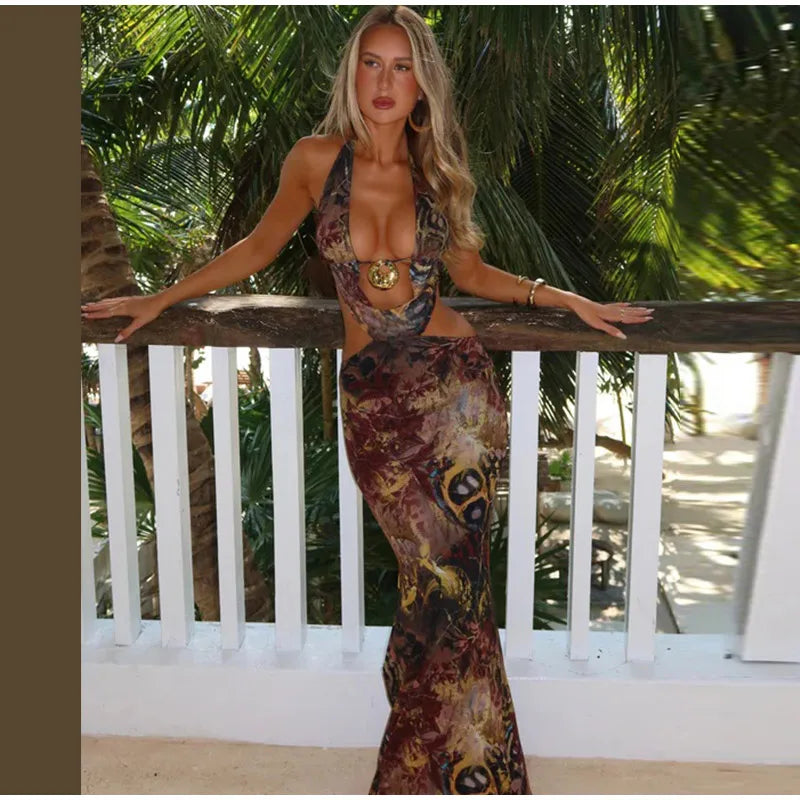 lace up women's printed hollow out long robe slim maxi dress