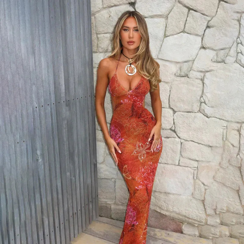 lace up women's printed hollow out long robe slim maxi dress