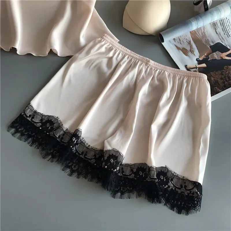 Women's Satin Pajama Set V-Neck Lace Babydoll Short Sleeve Sleepwear with Bowknot Detail Fashionable And Sexy Lingerie for Summer