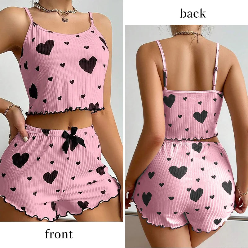 Women's White Pajamas Set 2 PCS Short Sleeve Tank Top & Shorts Soft Polyester Spandex Blend Casual Love Print Sleepwear