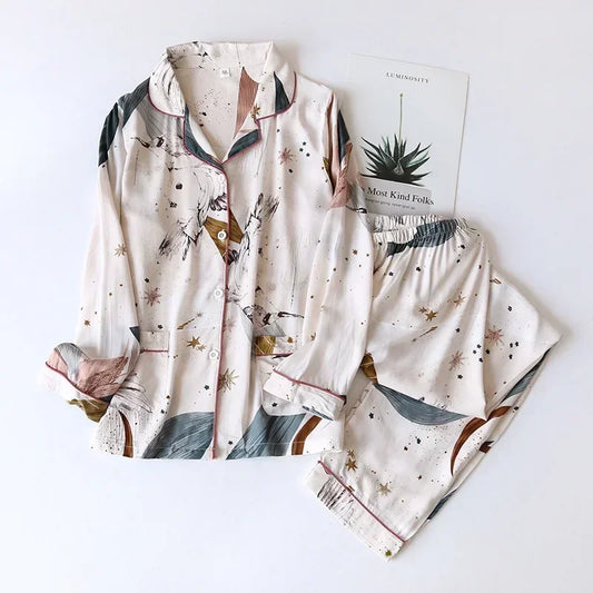 Ladies Long-Sleeved Viscose Pajamas Set Spring/Summer Breathable Comfortable Sleepwear Women's Home Nightwear