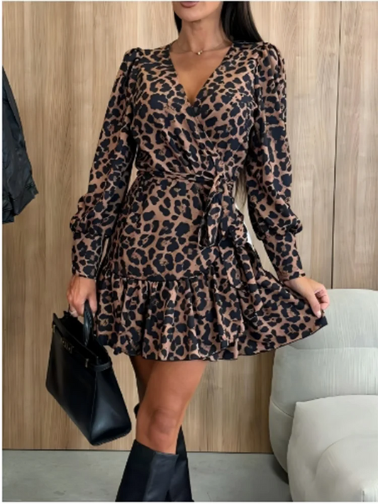 Elegant women's long sleeved Leopard Printed Dress V-Neck Lace Up Bubble