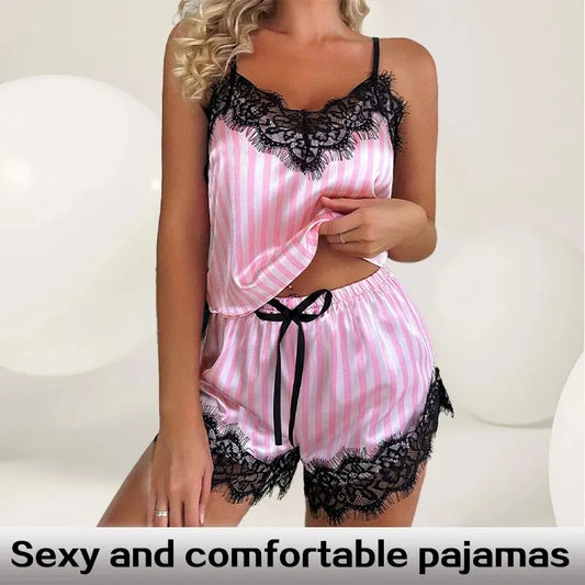 Women's V-Neck Lace Suspender Two-Piece Pajama Set Sleeveless Sexy Shorts Nightgown Polyester Elastane Casual Summer Pajamas