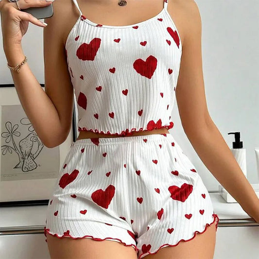 Women's White Pajamas Set 2 PCS Short Sleeve Tank Top & Shorts Soft Polyester Spandex Blend Casual Love Print Sleepwear